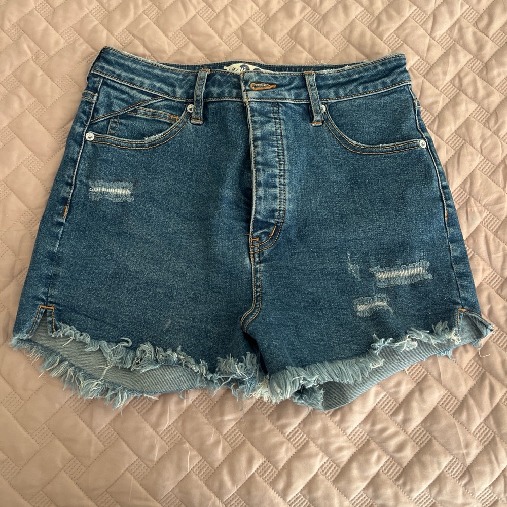 We The Free Distressed High-Rise Frayed Hem Denim Shorts - Blue